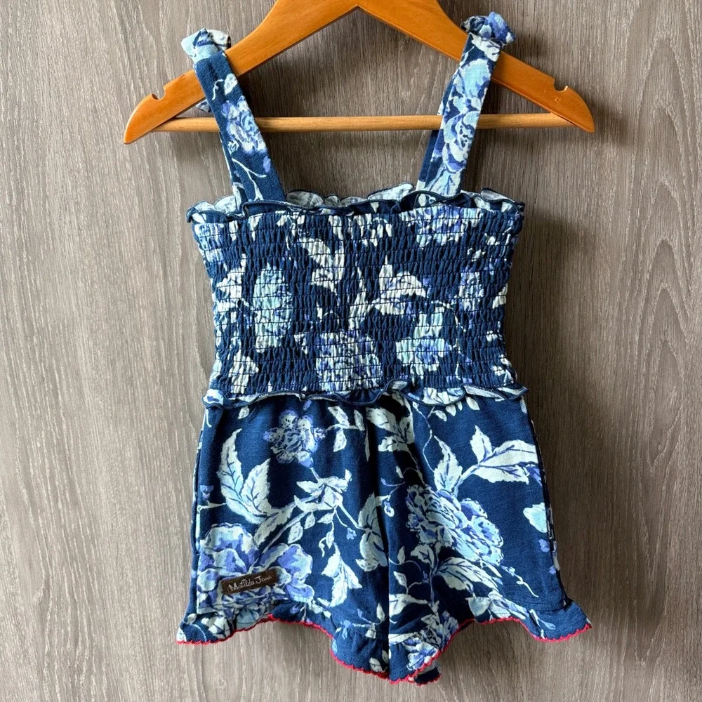 Matilda Jane Shorts Romper Girls 2 Blue Floral Smocked Ruffle Cottagecore Boho